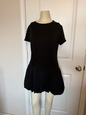 Boohoo Black Puff Ball Bubble Hem Drop Waist Cotton T-shirt Dress